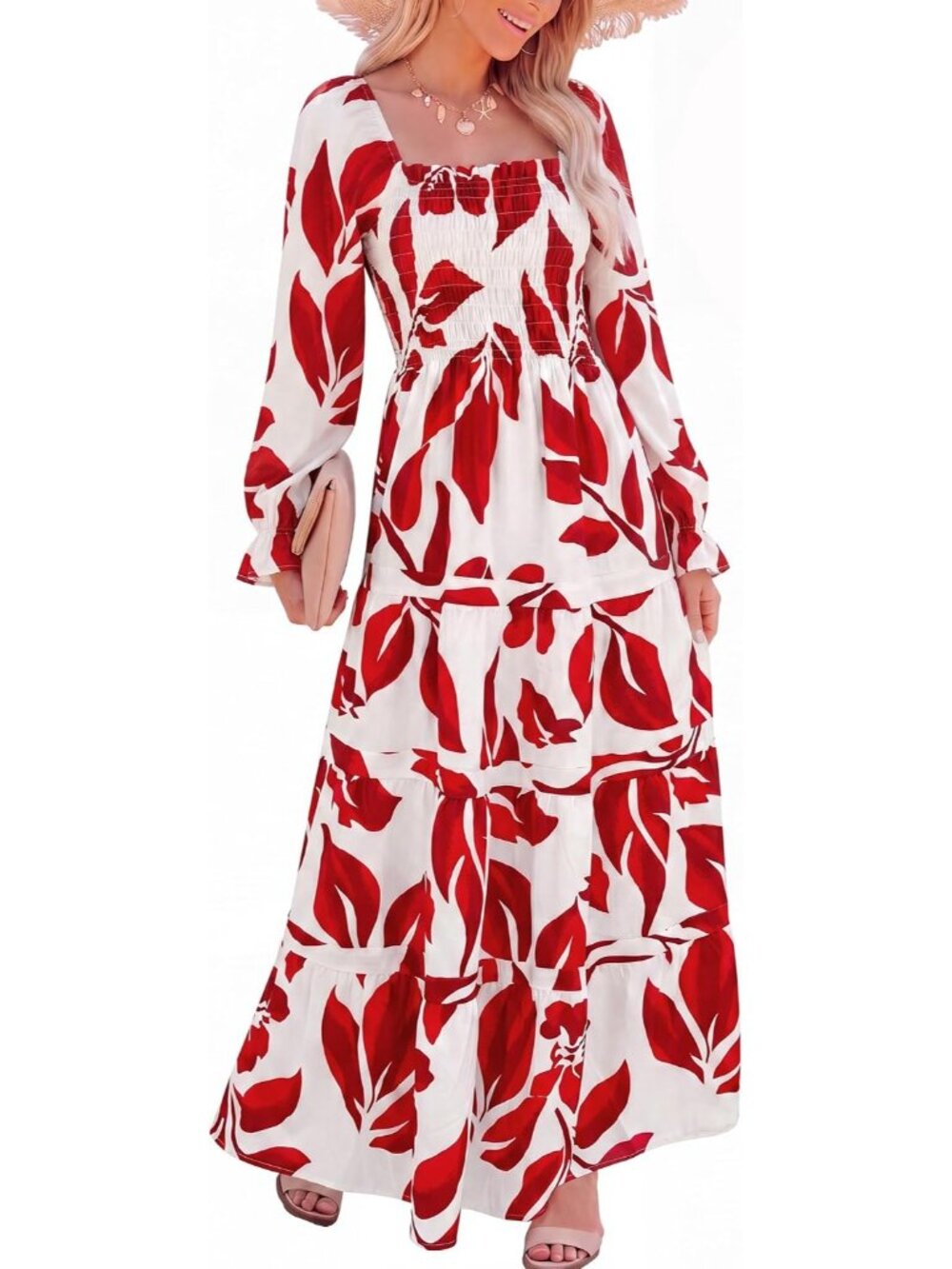 Women's Red Leaf Long Sleeve Square Neck Floral Fall Maxi Dress with Pocket